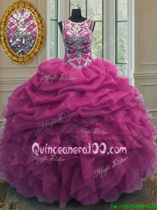 Modest Pick Ups Floor Length Fuchsia Sweet 16 Quinceanera Dress Scoop Sleeveless Lace Up