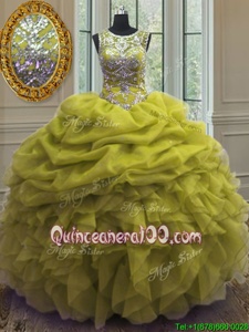 Organza Scoop Sleeveless Lace Up Beading and Ruffles and Pick Ups Sweet 16 Dresses inYellow Green