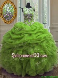 High Quality Spring Green Quinceanera Gown Military Ball and Sweet 16 and Quinceanera and For withBeading and Ruffles and Pick Ups Scoop Sleeveless Lace Up