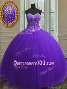 Lovely Sequins Purple Sleeveless Tulle Lace Up Quince Ball Gowns forMilitary Ball and Sweet 16 and Quinceanera