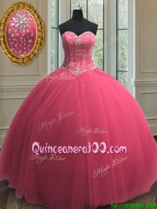 High End Beading and Sequins Sweet 16 Quinceanera Dress Hot Pink Lace Up Sleeveless Floor Length