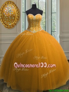 Deluxe Gold Tulle Lace Up Quinceanera Dress Sleeveless Floor Length Beading and Sequins