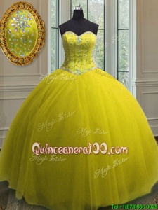 Ideal Gold Sleeveless Beading and Sequins Floor Length 15 Quinceanera Dress