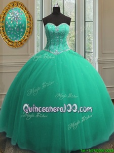 High Quality Turquoise Sweetheart Neckline Beading and Sequins Quinceanera Gowns Sleeveless Lace Up