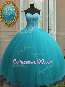 Elegant Tulle Sweetheart Sleeveless Lace Up Beading Quince Ball Gowns inAqua Blue
