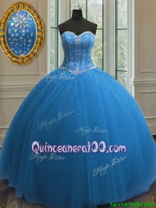 Sexy Sweetheart Sleeveless Tulle Quinceanera Gown Beading and Sequins Lace Up