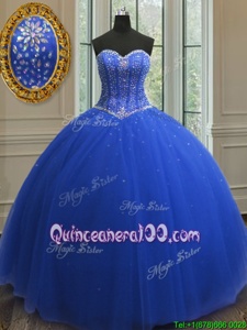 Inexpensive Royal Blue Sleeveless Beading and Sequins Floor Length Quinceanera Dress