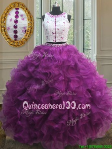 Fabulous Scoop Fuchsia Ball Gowns Appliques and Ruffles 15th Birthday Dress Clasp Handle Organza Sleeveless Floor Length