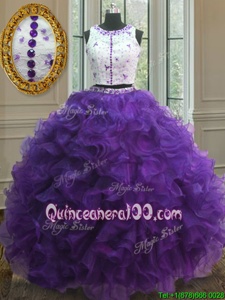 Purple Organza Clasp Handle Scoop Sleeveless Floor Length Quinceanera Dress Appliques