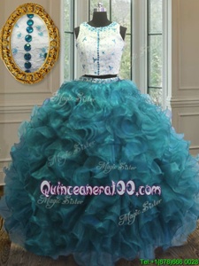 Designer Teal Organza Clasp Handle Scoop Sleeveless Floor Length Quinceanera Gown Beading and Ruffles
