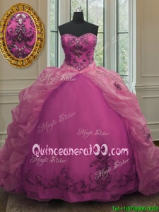 Modern Pick Ups Court Train Ball Gowns Quinceanera Gown Fuchsia Sweetheart Organza Sleeveless With Train Lace Up