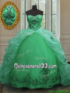 Cheap With Train Green Quinceanera Gown Organza Court Train Sleeveless Spring and Summer and Fall and Winter Beading and Appliques and Pick Ups