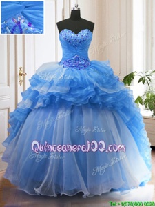 Best Selling Ruffled Sweetheart Sleeveless Sweep Train Lace Up Sweet 16 Dress Blue Organza