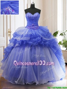 Sweet Beading and Ruffled Layers Sweet 16 Dresses Blue Lace Up Sleeveless With Train Court Train