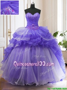 Captivating Sleeveless Organza With Train Sweep Train Lace Up 15th Birthday Dress inPurple forSpring and Summer and Fall and Winter withBeading and Ruffled Layers