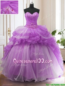 High Quality Ruffled Sweetheart Sleeveless Sweep Train Lace Up Ball Gown Prom Dress Purple Organza