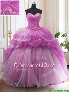 Lilac Ball Gowns Organza Sweetheart Sleeveless Beading and Ruffled Layers With Train Lace Up 15th Birthday Dress Sweep Train