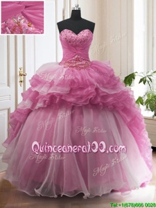 Best Lilac Lace Up 15th Birthday Dress Beading and Ruffled Layers Sleeveless With Train Sweep Train