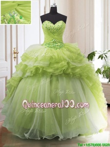 Decent Sleeveless Organza With Train Sweep Train Lace Up Quinceanera Dresses inYellow Green forSpring and Summer and Fall and Winter withBeading and Ruffled Layers