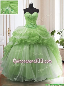 Latest Sleeveless With Train Beading and Ruffled Layers Lace Up Vestidos de Quinceanera with Spring Green Court Train