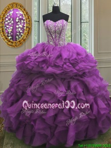 Glamorous Beading and Ruffles Vestidos de Quinceanera Purple Lace Up Sleeveless Floor Length