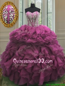 Glorious Sleeveless Floor Length Beading and Ruffles Lace Up Quince Ball Gowns with Fuchsia