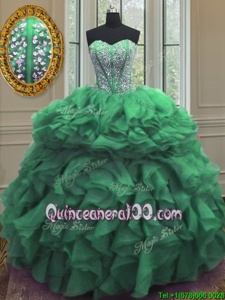 Flare Green Ball Gowns Beading and Ruffles Sweet 16 Dress Lace Up Organza Sleeveless Floor Length