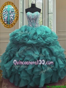 Romantic Floor Length Turquoise Quinceanera Gowns Sweetheart Sleeveless Lace Up