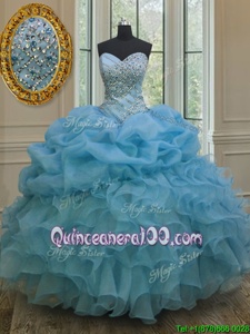 New Arrival Sweetheart Sleeveless Quinceanera Dresses Floor Length Beading and Ruffles and Pick Ups Baby Blue Organza