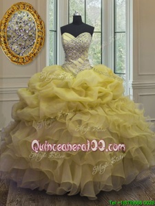 Sexy Yellow Lace Up Sweetheart Beading and Ruffles and Pick Ups Quinceanera Dresses Organza Sleeveless