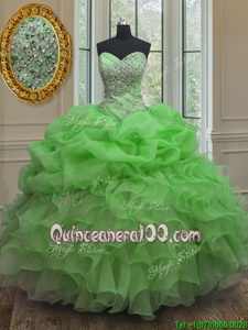 Spring Green Ball Gowns Sweetheart Sleeveless Organza Floor Length Lace Up Beading and Ruffles and Pick Ups Quince Ball Gowns