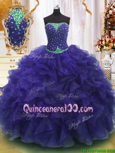 Floor Length Purple Quinceanera Dresses Organza Sleeveless Spring and Summer and Fall and Winter Beading and Ruffles