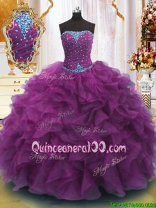 Luxury Purple Ball Gowns Beading and Ruffles Quinceanera Gowns Lace Up Organza Sleeveless Floor Length