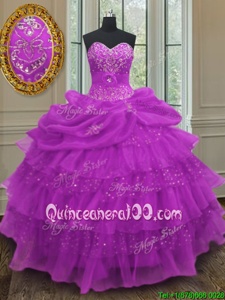 Glamorous Halter Top Purple Lace Up Quinceanera Dress Beading and Ruffled Layers and Pick Ups Sleeveless Floor Length
