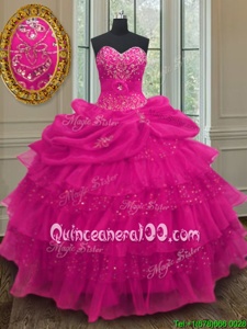 Pretty Sequins Pick Ups Ruffled Ball Gowns Sweet 16 Dresses Fuchsia Sweetheart Organza and Sequined Sleeveless Floor Length Lace Up