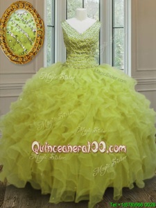 Customized V-neck Sleeveless Ball Gown Prom Dress Floor Length Beading and Ruffles Yellow Green Organza