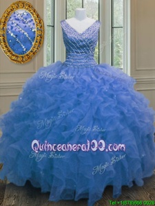 Decent Blue Sleeveless Floor Length Beading and Ruffles Zipper 15 Quinceanera Dress