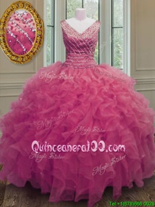 Clearance Ball Gowns Vestidos de Quinceanera Hot Pink V-neck Organza Sleeveless Floor Length Zipper
