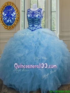 Dazzling Scoop Baby Blue Sleeveless Tulle Lace Up Ball Gown Prom Dress forMilitary Ball and Sweet 16 and Quinceanera