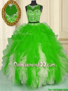 Fancy Two Pieces Sweet 16 Dress Spring Green Scoop Tulle Sleeveless Floor Length Zipper