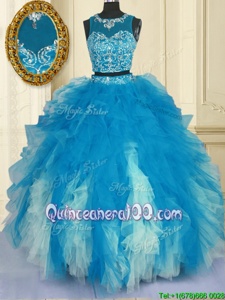 Beauteous Scoop Blue And White Zipper Ball Gown Prom Dress Beading and Ruffles Sleeveless Floor Length