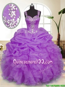 Straps Sleeveless Sweet 16 Dress Floor Length Beading and Ruffles and Pick Ups Lavender Organza