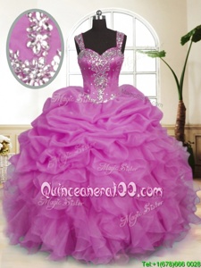Sexy Lilac Organza Zipper Straps Sleeveless Floor Length Quinceanera Gowns Beading and Ruffles and Pick Ups