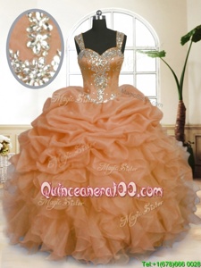 Unique Orange Ball Gowns Straps Sleeveless Organza Floor Length Zipper Beading and Ruffles and Pick Ups Ball Gown Prom Dress