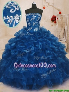 Fantastic Navy Blue Ball Gowns Organza Strapless Sleeveless Beading and Appliques and Ruffles Floor Length Lace Up Quinceanera Dresses