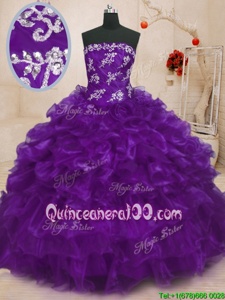 Custom Designed Strapless Sleeveless Organza Vestidos de Quinceanera Beading and Appliques and Ruffles Lace Up