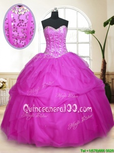 Pretty Fuchsia Sweetheart Neckline Sequins and Pick Ups Sweet 16 Dresses Sleeveless Lace Up