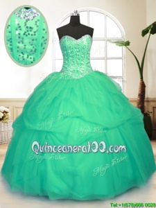 Shining Sleeveless Tulle Floor Length Lace Up Sweet 16 Quinceanera Dress inGreen forSpring and Summer and Fall and Winter withSequins and Pick Ups