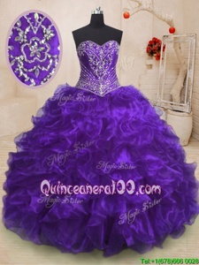Stunning Beading and Ruffles 15 Quinceanera Dress Purple Lace Up Sleeveless With Train Sweep Train