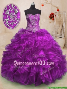 New Style Purple Ball Gowns Organza Sweetheart Sleeveless Beading and Ruffles With Train Lace Up Sweet 16 Dress Sweep Train